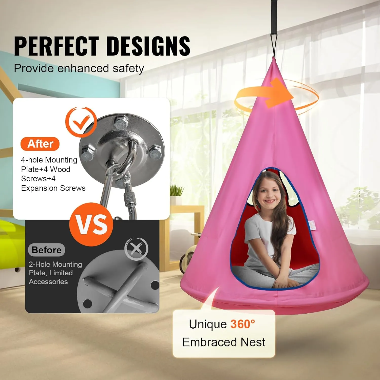 VEVOR Kids Nest Swing Chair, Hanging Hammock Chair with Adjustable Rope - 2 Windows & 1 Entrance & 2 Pockets - 250lbs Tree Tent Sensor Swing for Kids Indoor Outdoor Use (39" D x 52" H), Pink