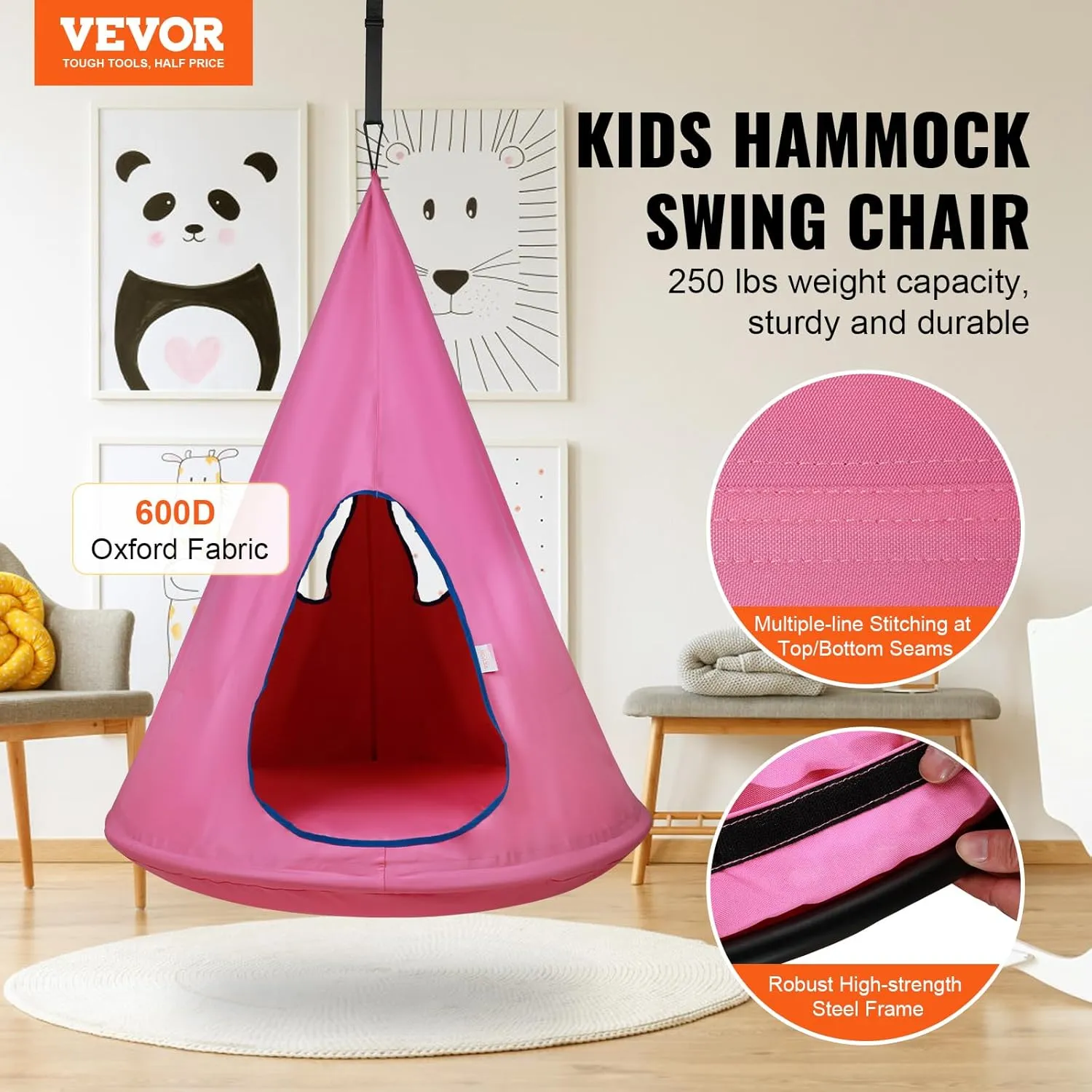 VEVOR Kids Nest Swing Chair, Hanging Hammock Chair with Adjustable Rope - 2 Windows & 1 Entrance & 2 Pockets - 250lbs Tree Tent Sensor Swing for Kids Indoor Outdoor Use (39" D x 52" H), Pink