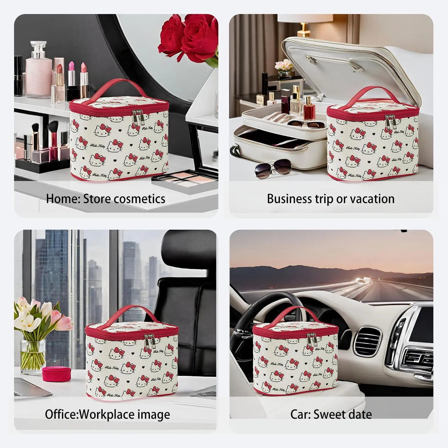 Vimanllie Cosmetic Bag Large Travel Makeup Bag with Makeup Brush Storage for Women-Durable Oxford CanvasToiletry Bag for Home & Skincare Essentials Storage,Sweet Cute Bag for girls