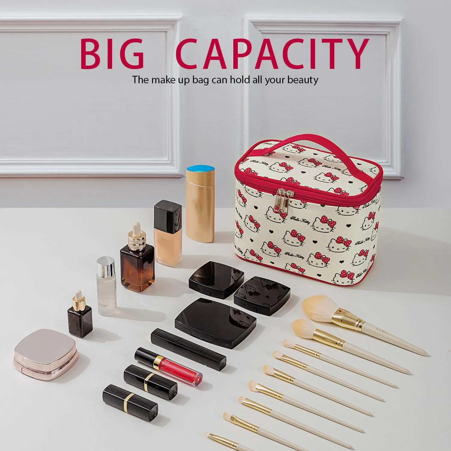 Vimanllie Cosmetic Bag Large Travel Makeup Bag with Makeup Brush Storage for Women-Durable Oxford CanvasToiletry Bag for Home & Skincare Essentials Storage,Sweet Cute Bag for girls