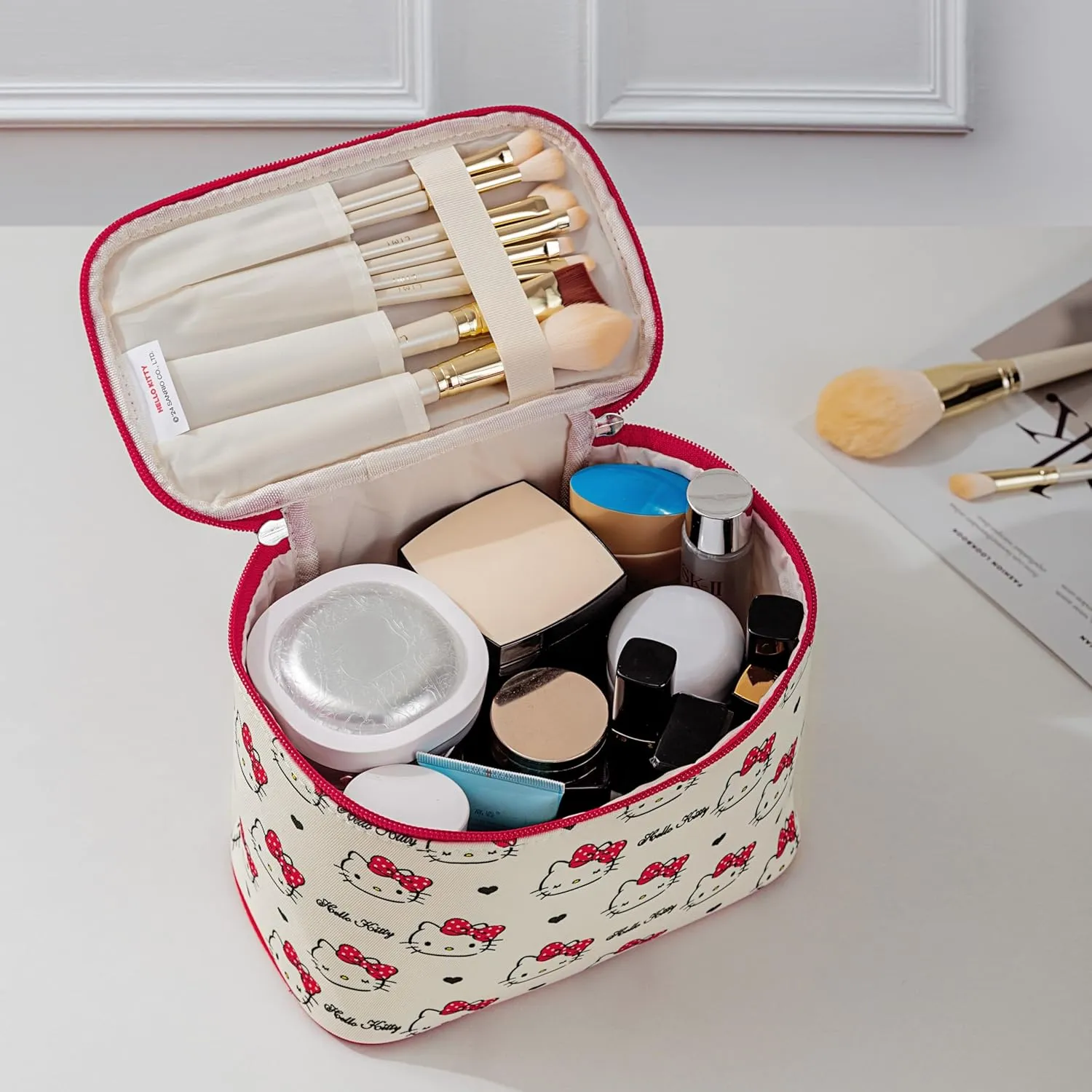 Vimanllie Cosmetic Bag Large Travel Makeup Bag with Makeup Brush Storage for Women-Durable Oxford CanvasToiletry Bag for Home & Skincare Essentials Storage,Sweet Cute Bag for girls