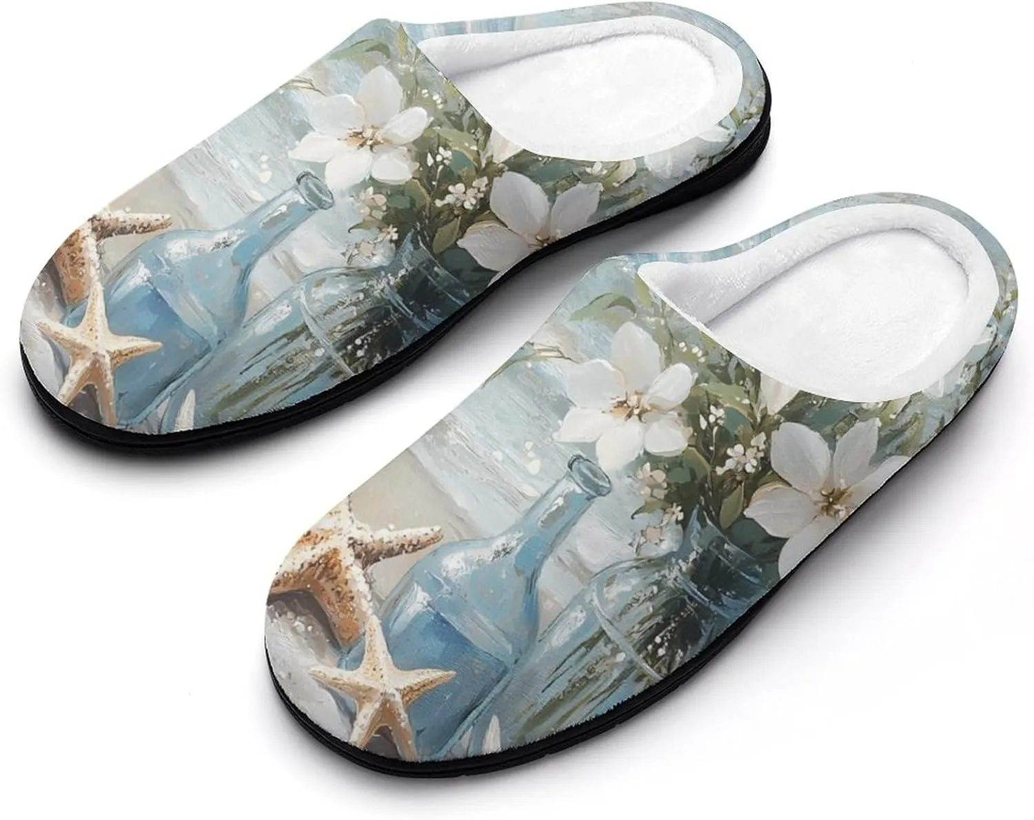 Vintage Seaside Flowers Starfish Shells Comfort Womens Cotton Slippers Winter Warm Slip-on House Shoes For Home Office Hotel