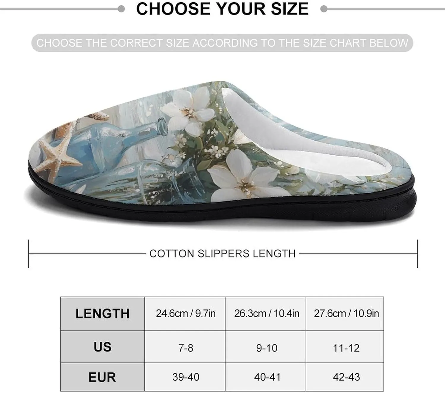 Vintage Seaside Flowers Starfish Shells Comfort Womens Cotton Slippers Winter Warm Slip-on House Shoes For Home Office Hotel