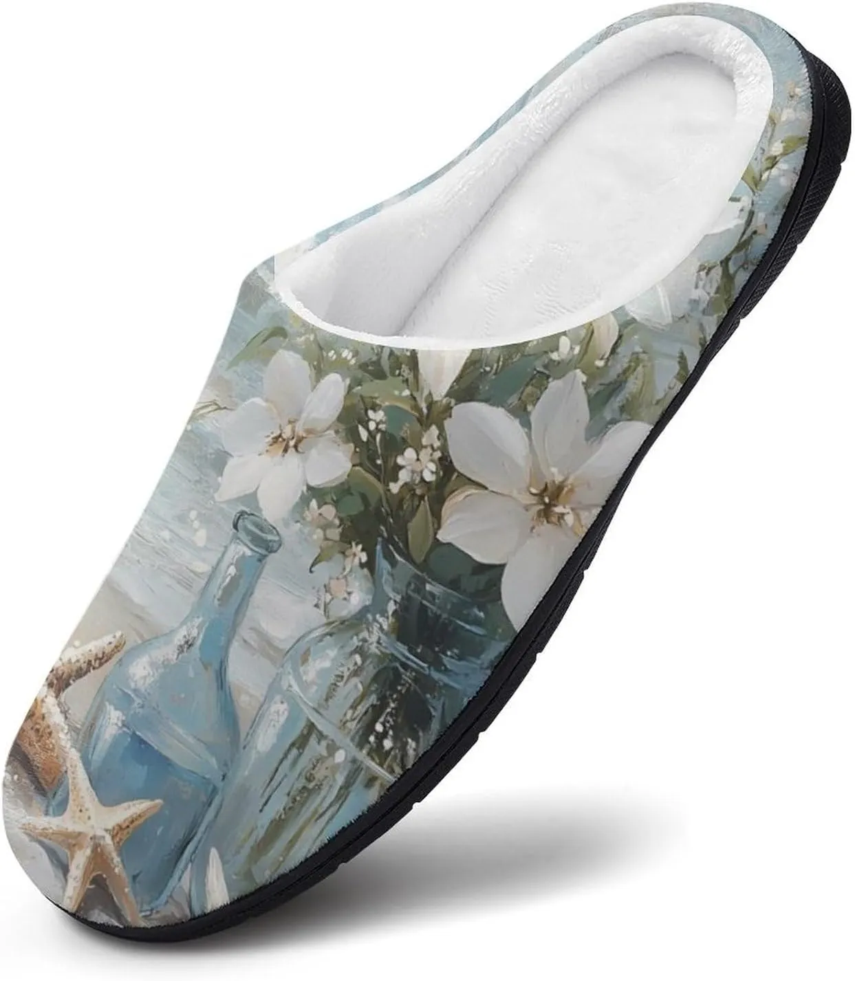 Vintage Seaside Flowers Starfish Shells Comfort Womens Cotton Slippers Winter Warm Slip-on House Shoes For Home Office Hotel