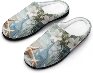 Vintage Seaside Flowers Starfish Shells Comfort Womens Cotton Slippers Winter Warm Slip-on House Shoes For Home Office Hotel