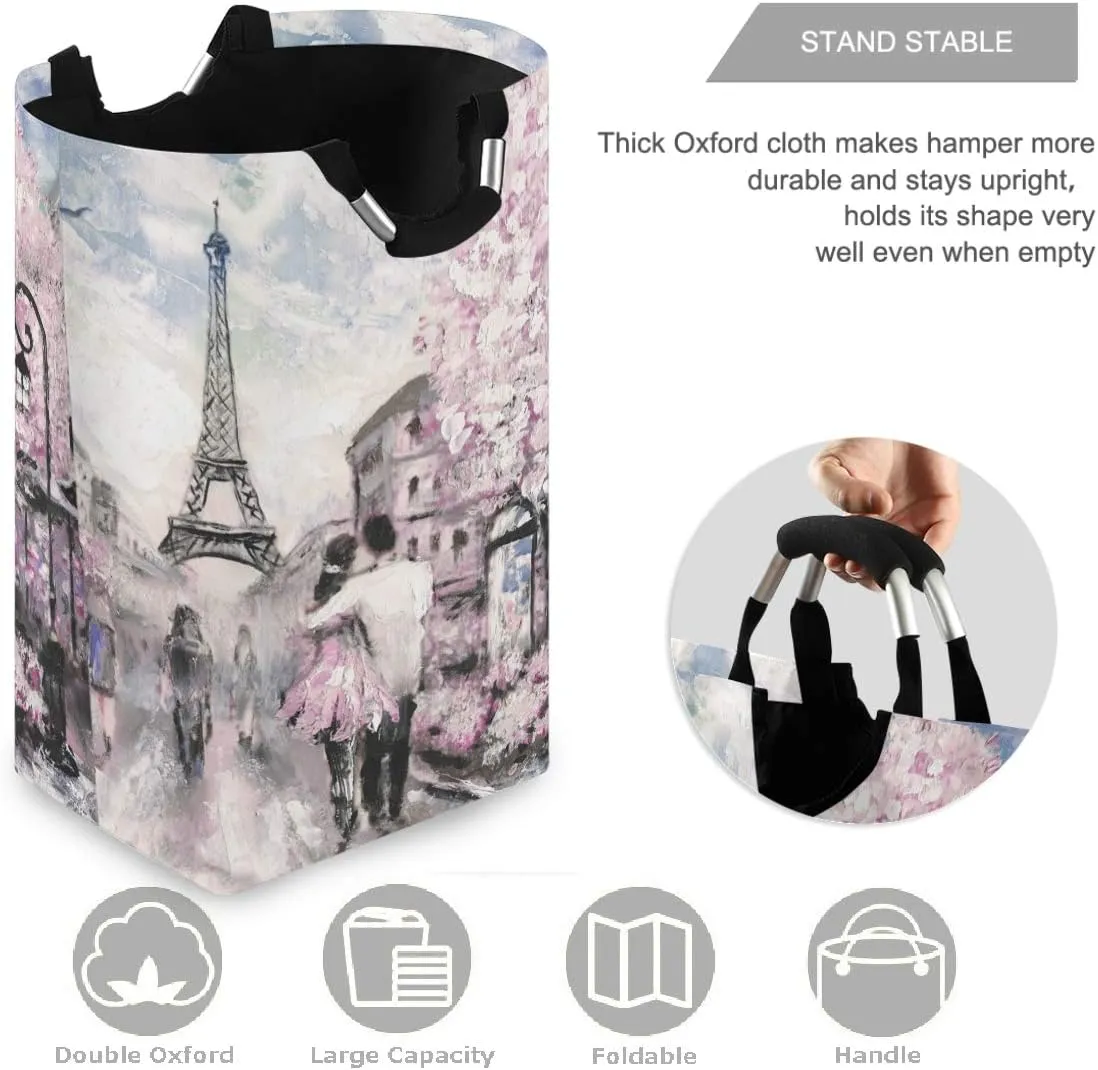 visesunny Oil Painting Paris Vintage Large Laundry Hamper with Handle Foldable Durable Clothes Hamper Laundry Bag Toy Bin for Bathroom, Bedroom, Dorm, Travel