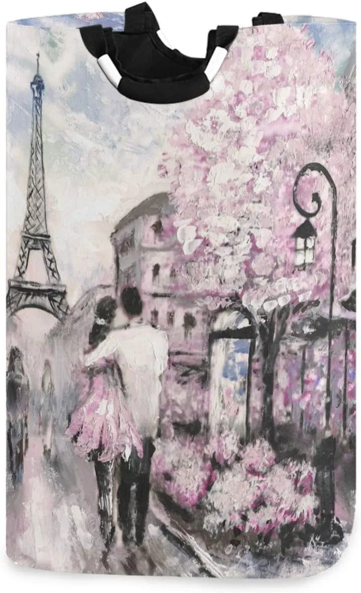 visesunny Oil Painting Paris Vintage Large Laundry Hamper with Handle Foldable Durable Clothes Hamper Laundry Bag Toy Bin for Bathroom, Bedroom, Dorm, Travel