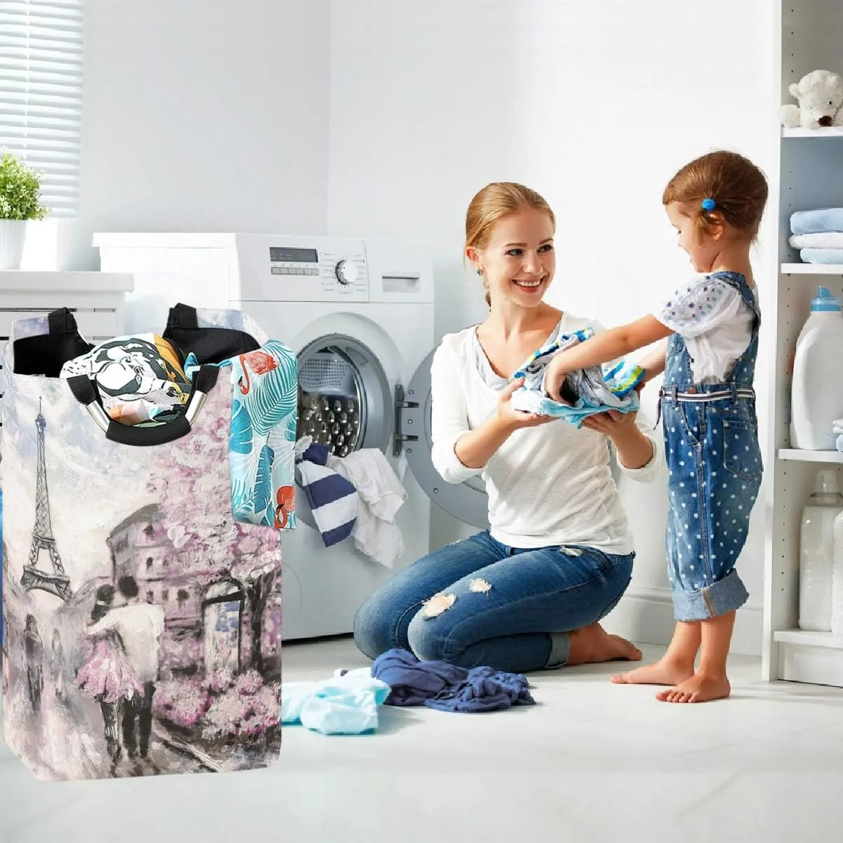 visesunny Oil Painting Paris Vintage Large Laundry Hamper with Handle Foldable Durable Clothes Hamper Laundry Bag Toy Bin for Bathroom, Bedroom, Dorm, Travel