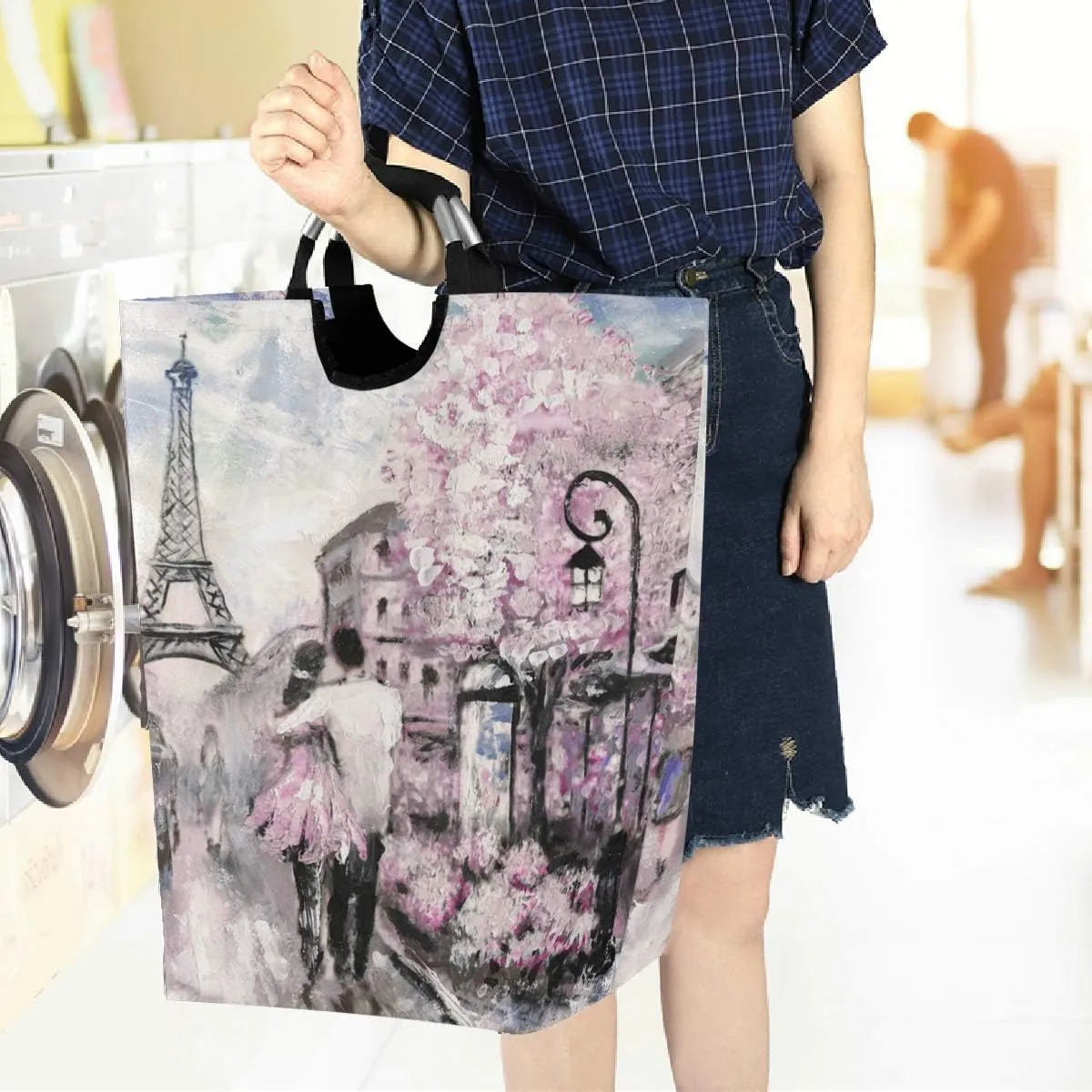 visesunny Oil Painting Paris Vintage Large Laundry Hamper with Handle Foldable Durable Clothes Hamper Laundry Bag Toy Bin for Bathroom, Bedroom, Dorm, Travel