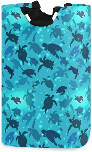 visesunny Turtle Swims in The Ocean Large Laundry Hamper with Handle Foldable Durable Clothes Hamper Laundry Bag Toy Bin for Bathroom, Bedroom, Dorm, Travel