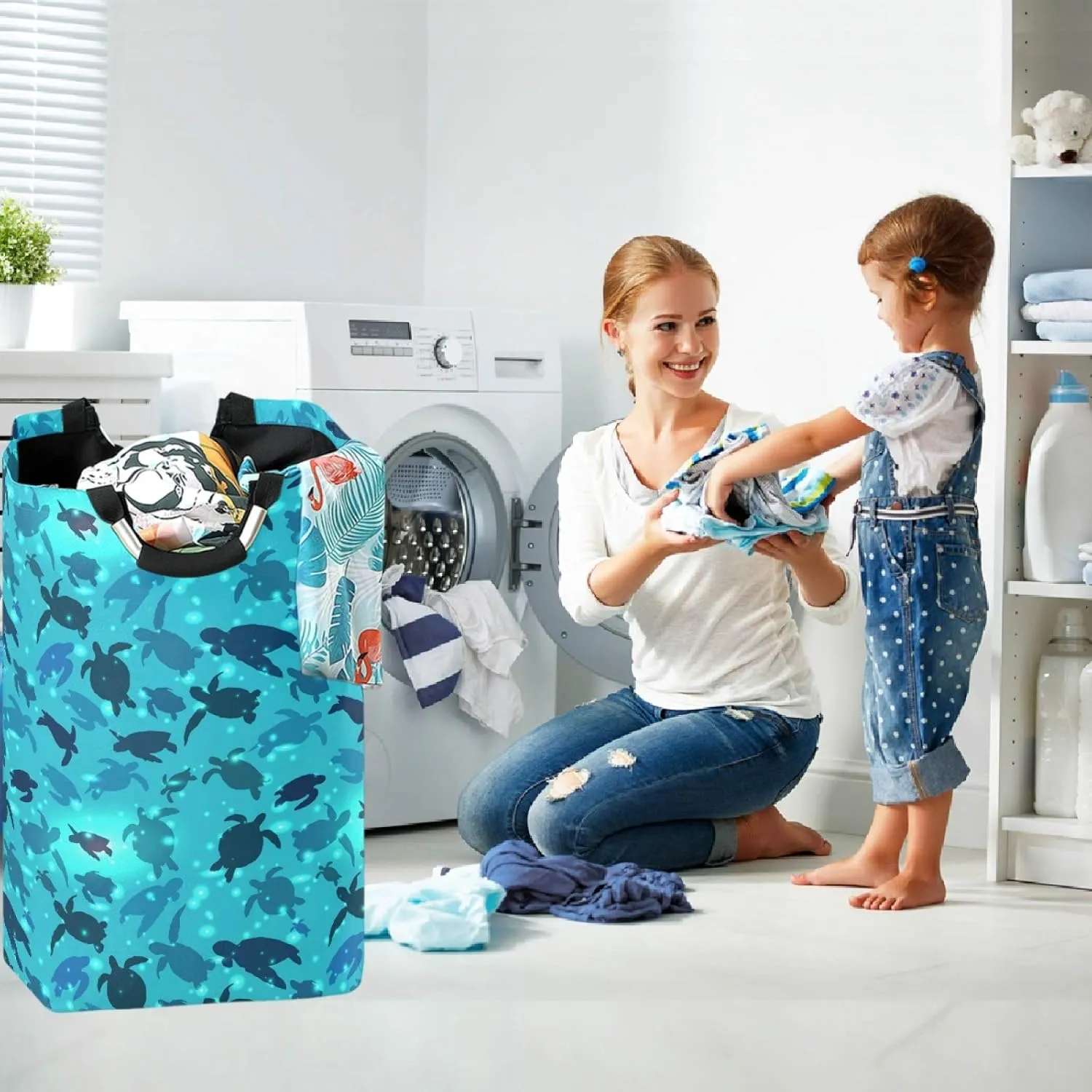 visesunny Turtle Swims in The Ocean Large Laundry Hamper with Handle Foldable Durable Clothes Hamper Laundry Bag Toy Bin for Bathroom, Bedroom, Dorm, Travel