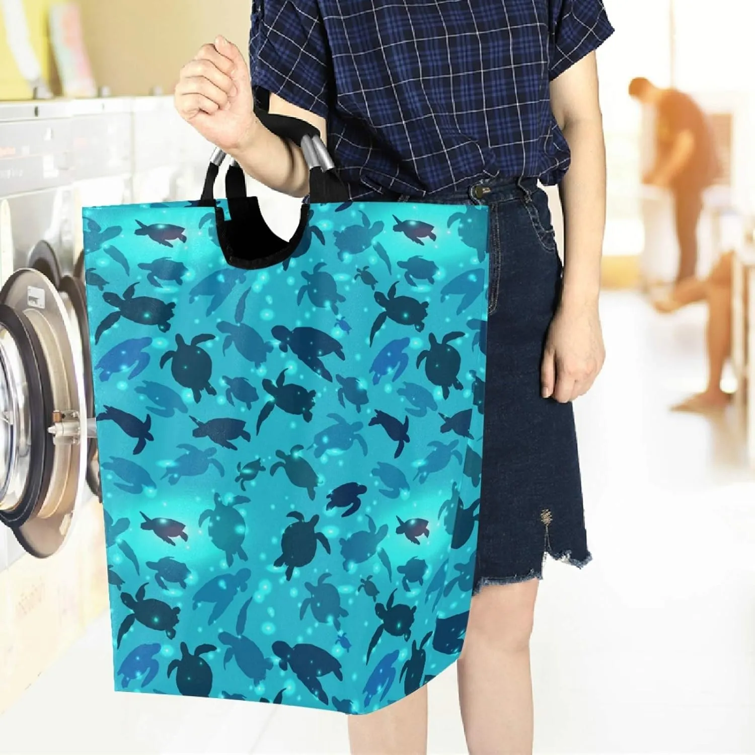 visesunny Turtle Swims in The Ocean Large Laundry Hamper with Handle Foldable Durable Clothes Hamper Laundry Bag Toy Bin for Bathroom, Bedroom, Dorm, Travel
