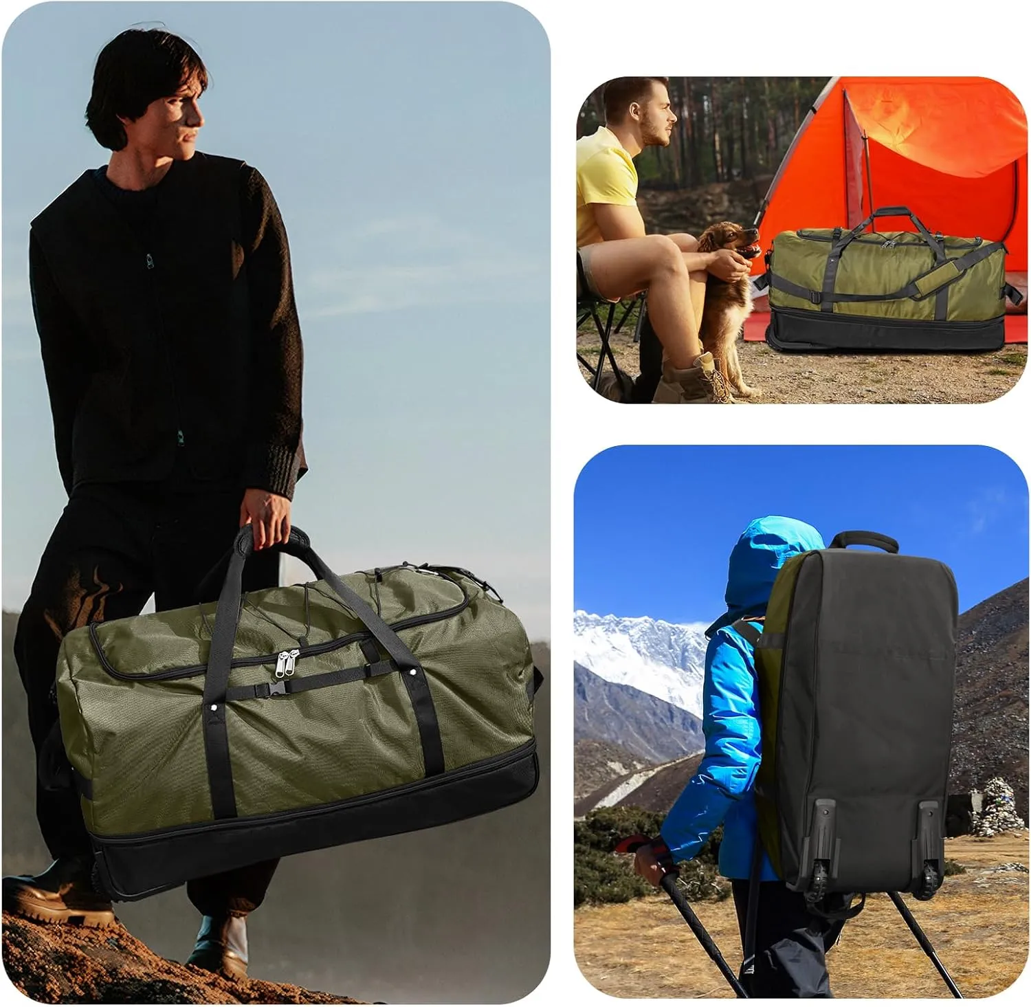 Vomgomfom 32" Soft-Sided Foldable Wheeled Travel Duffel Bag,Expandable 110L to 140L Rolling Cargo Bag with 2 Wheels and Multiple Pockets,Army Green