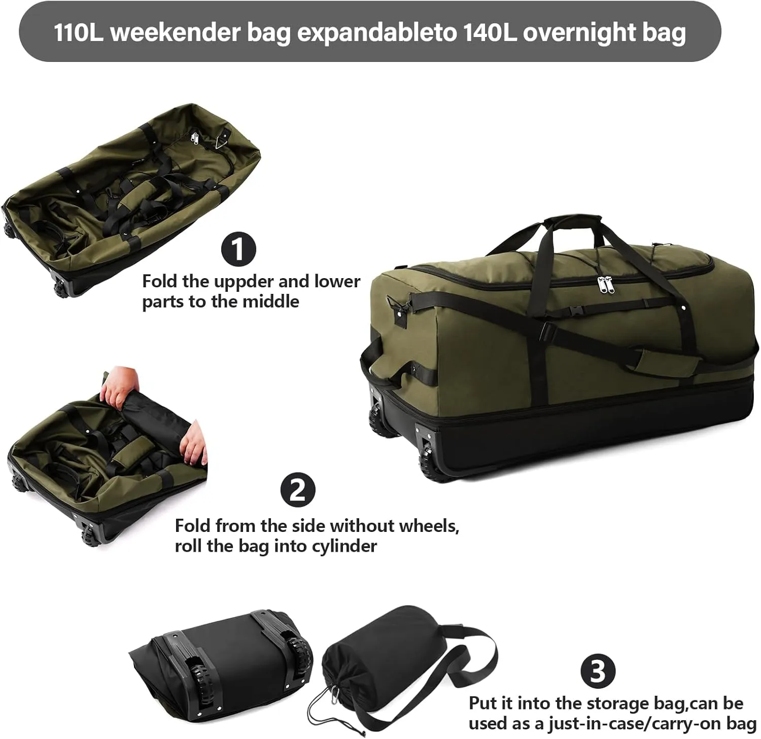 Vomgomfom 32" Soft-Sided Foldable Wheeled Travel Duffel Bag,Expandable 110L to 140L Rolling Cargo Bag with 2 Wheels and Multiple Pockets,Army Green