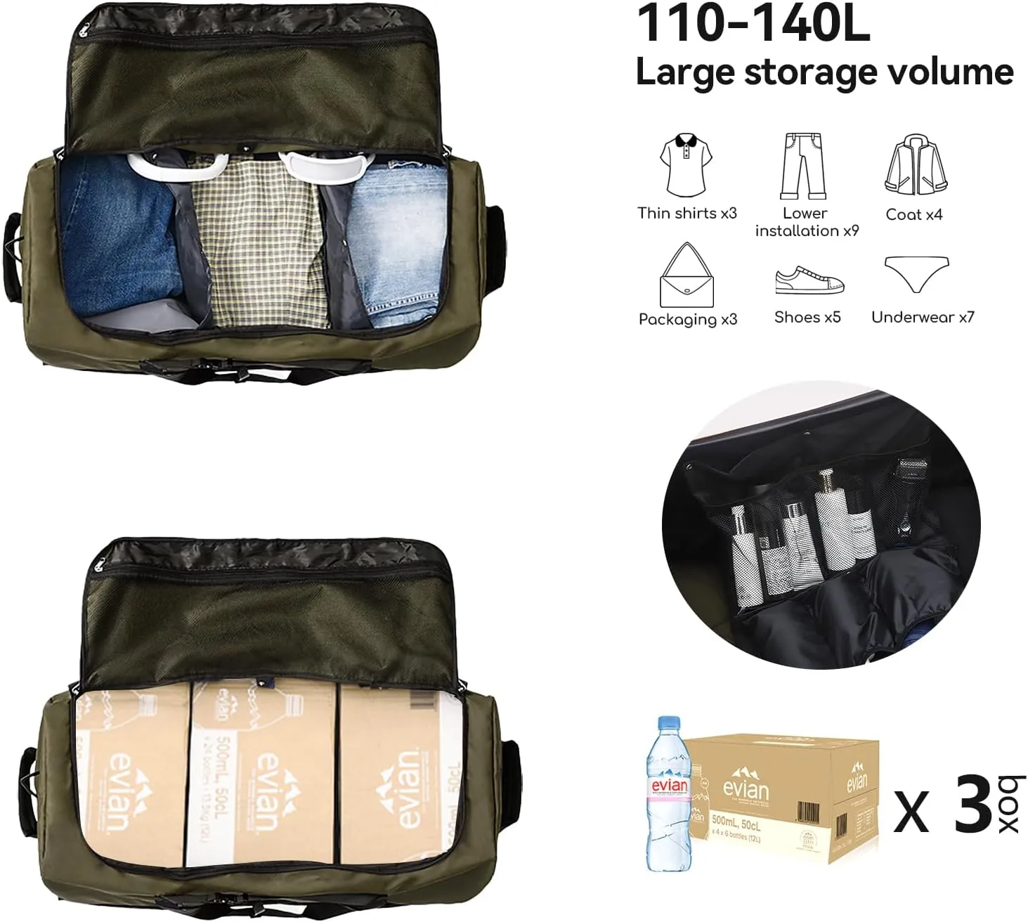 Vomgomfom 32" Soft-Sided Foldable Wheeled Travel Duffel Bag,Expandable 110L to 140L Rolling Cargo Bag with 2 Wheels and Multiple Pockets,Army Green