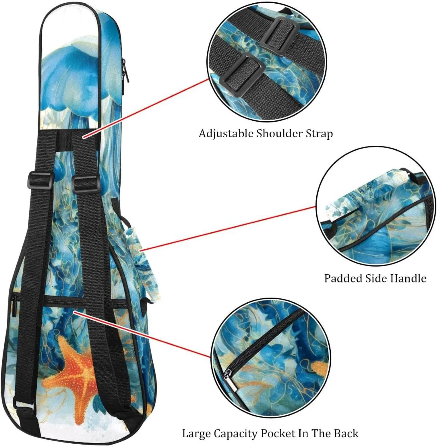 Watercolor Jellyfish Blue Algae with Leaves Bubbles and Starfish Ukulele Case, Padded Bag for 23 Inch Concert Ukulele, Waterproof & Durable