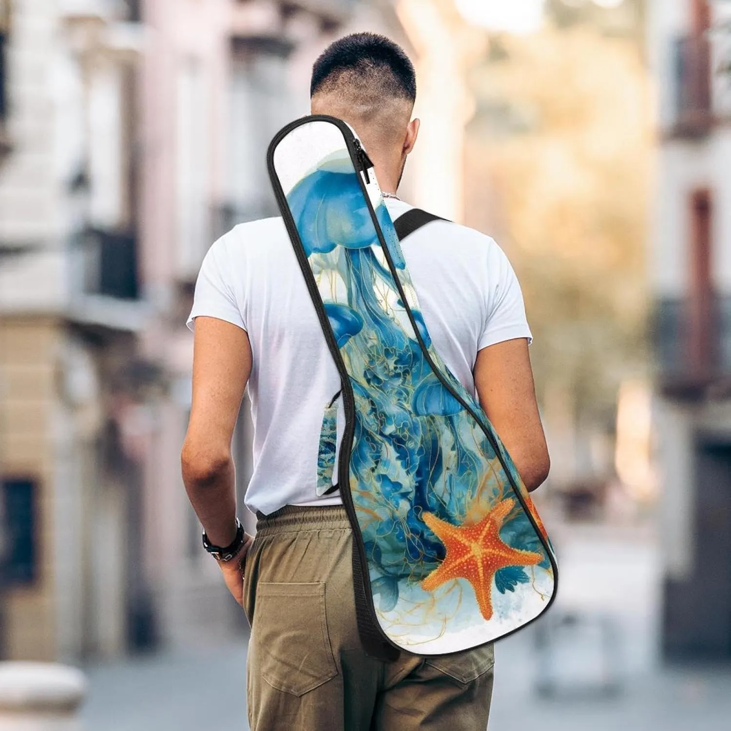 Watercolor Jellyfish Blue Algae with Leaves Bubbles and Starfish Ukulele Case, Padded Bag for 23 Inch Concert Ukulele, Waterproof & Durable