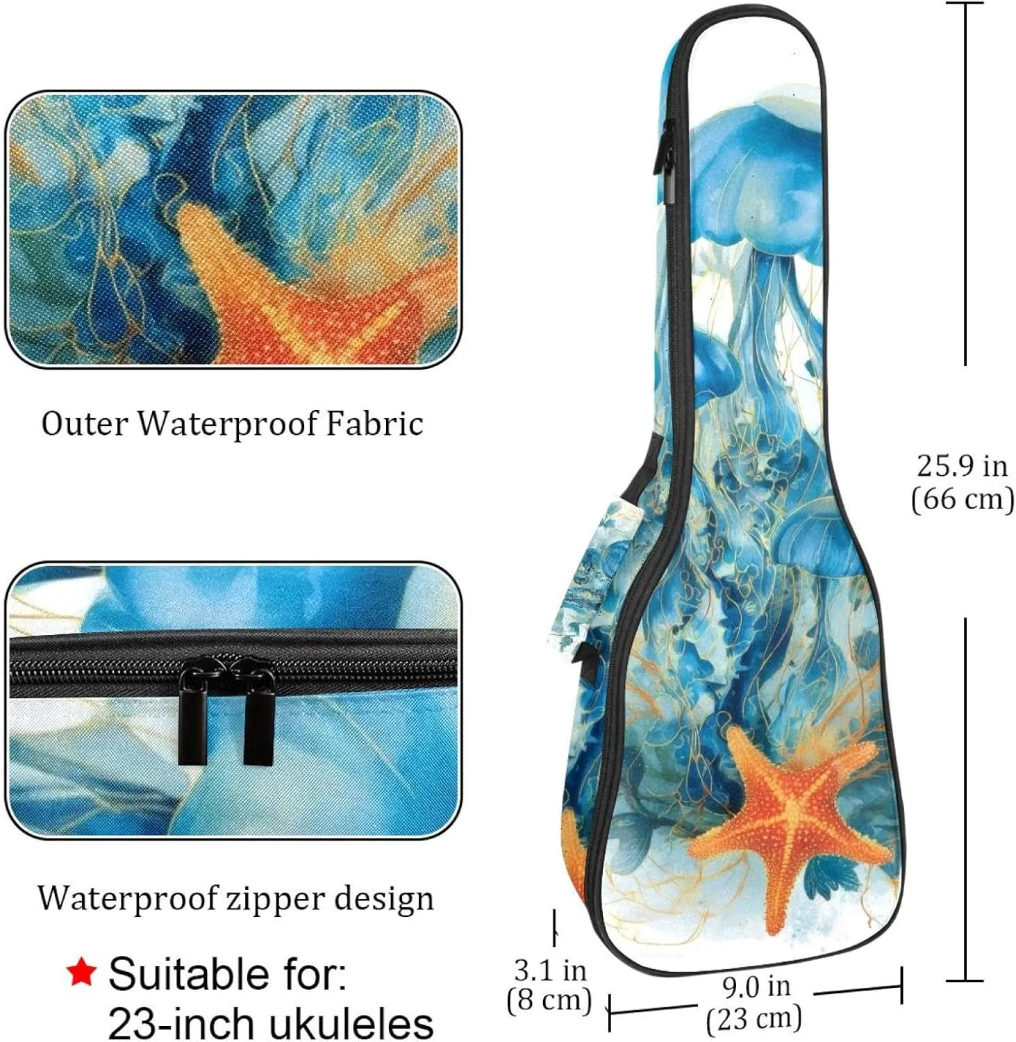 Watercolor Jellyfish Blue Algae with Leaves Bubbles and Starfish Ukulele Case, Padded Bag for 23 Inch Concert Ukulele, Waterproof & Durable