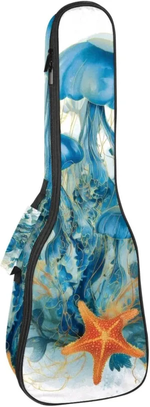 Watercolor Jellyfish Blue Algae with Leaves Bubbles and Starfish Ukulele Case, Padded Bag for 23 Inch Concert Ukulele, Waterproof & Durable