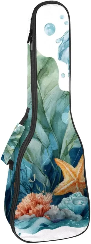 Watercolor Sea Algae with Bubbles and Coral Starfish Ukulele Case, Padded Bag for 23 Inch Concert Ukulele, Waterproof & Durable