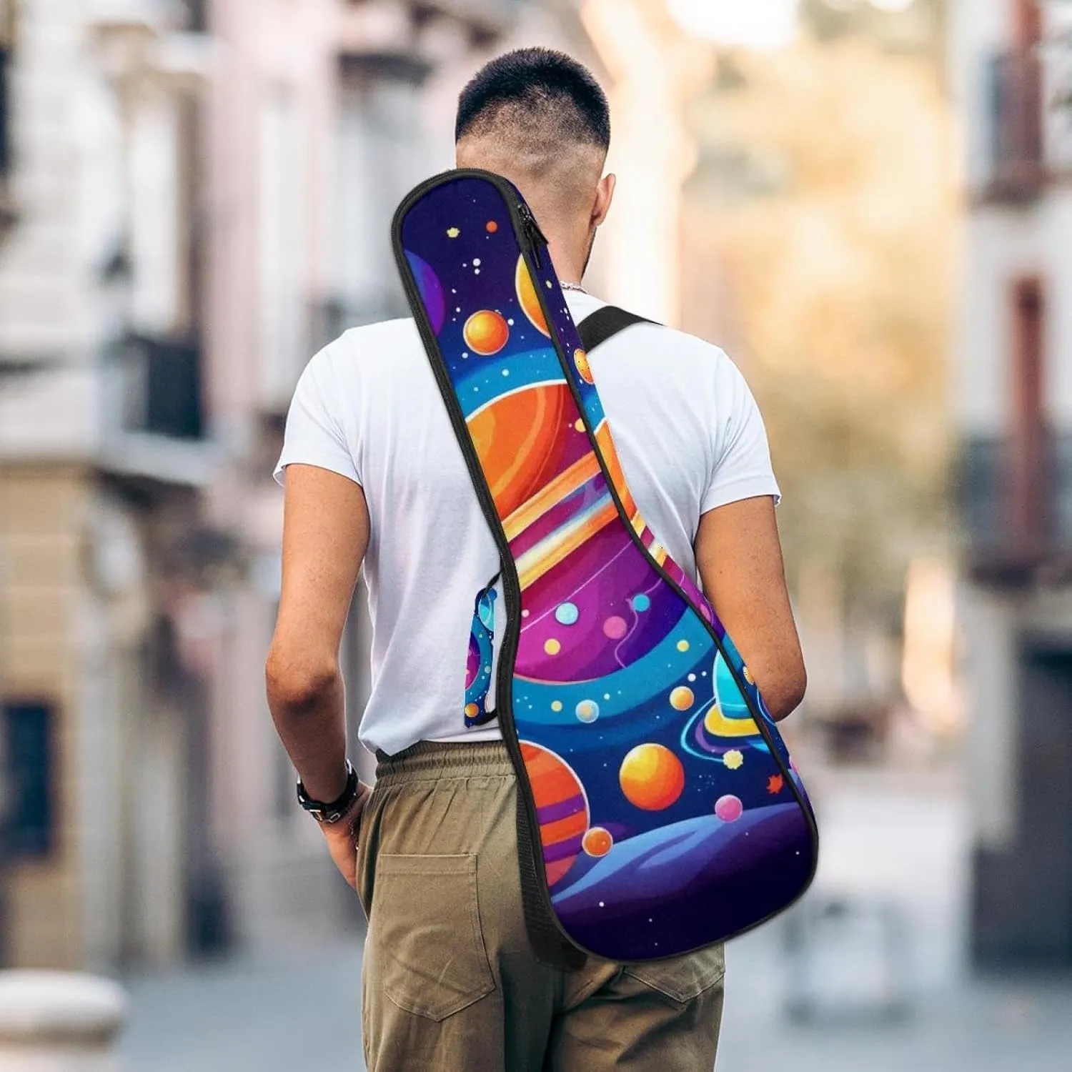 Waterproof Ukulele Case Bag, Durable 23" Ukulele Gig Bag with Storage and Handle - Cartoon Planets Solar System Space with Stars Pattern
