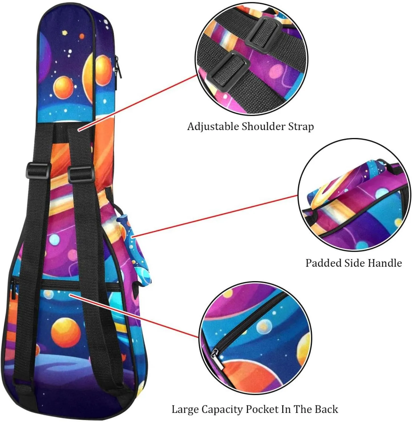 Waterproof Ukulele Case Bag, Durable 23" Ukulele Gig Bag with Storage and Handle - Cartoon Planets Solar System Space with Stars Pattern