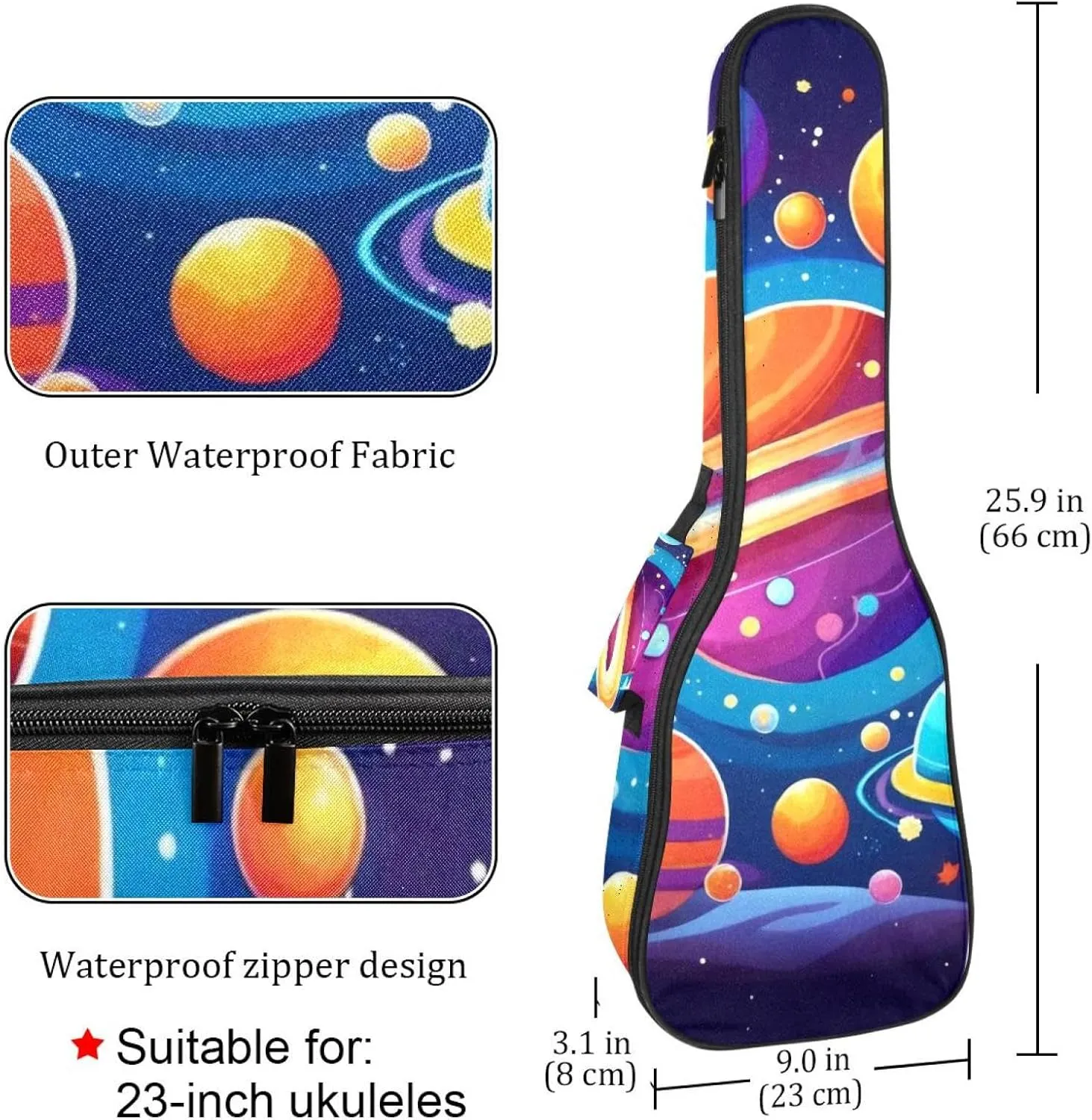 Waterproof Ukulele Case Bag, Durable 23" Ukulele Gig Bag with Storage and Handle - Cartoon Planets Solar System Space with Stars Pattern