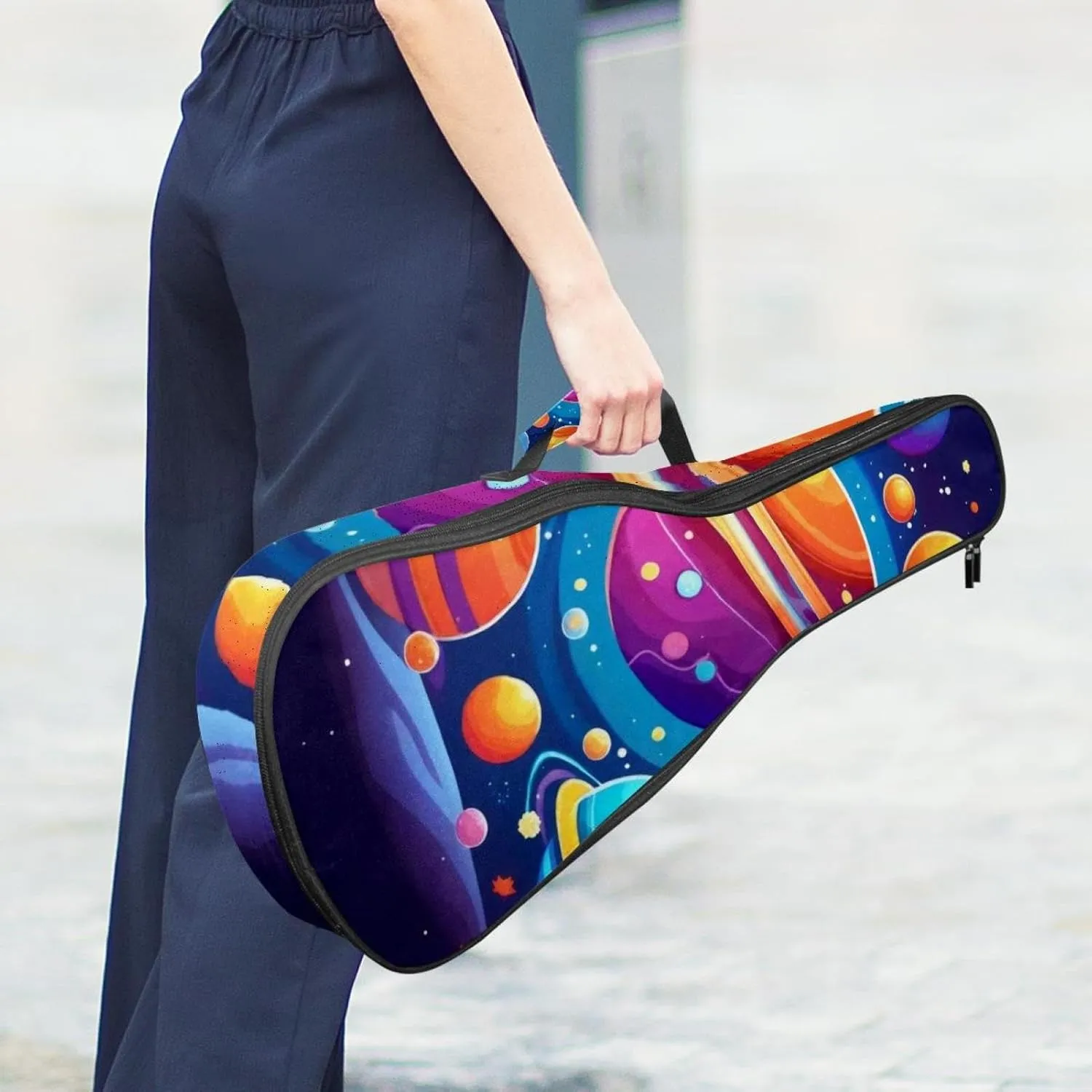 Waterproof Ukulele Case Bag, Durable 23" Ukulele Gig Bag with Storage and Handle - Cartoon Planets Solar System Space with Stars Pattern