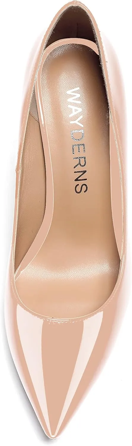 WAYDERNS Women's Pointed Toe Slip On Solid Patent Mid Heel Pumps Shoes 2.5 Inch