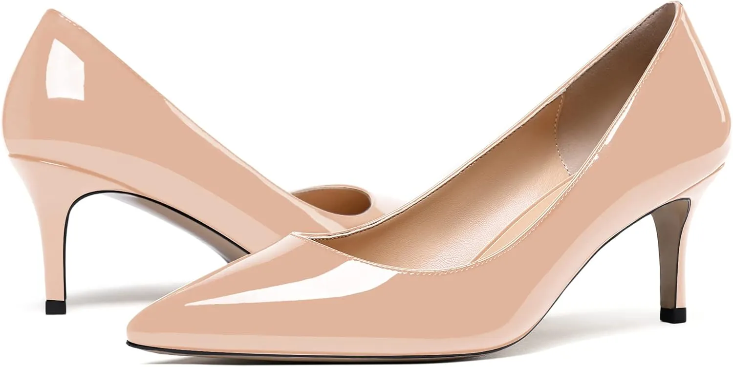 WAYDERNS Women's Pointed Toe Slip On Solid Patent Mid Heel Pumps Shoes 2.5 Inch