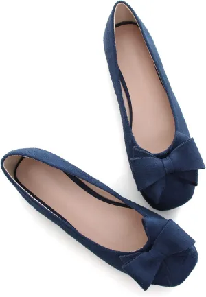 WENJIAZHIZHI Women's Square Toe Bowknot Ballet Flats Comfortable Slip-On Casual Loafers Walking Flat Dress Shoes