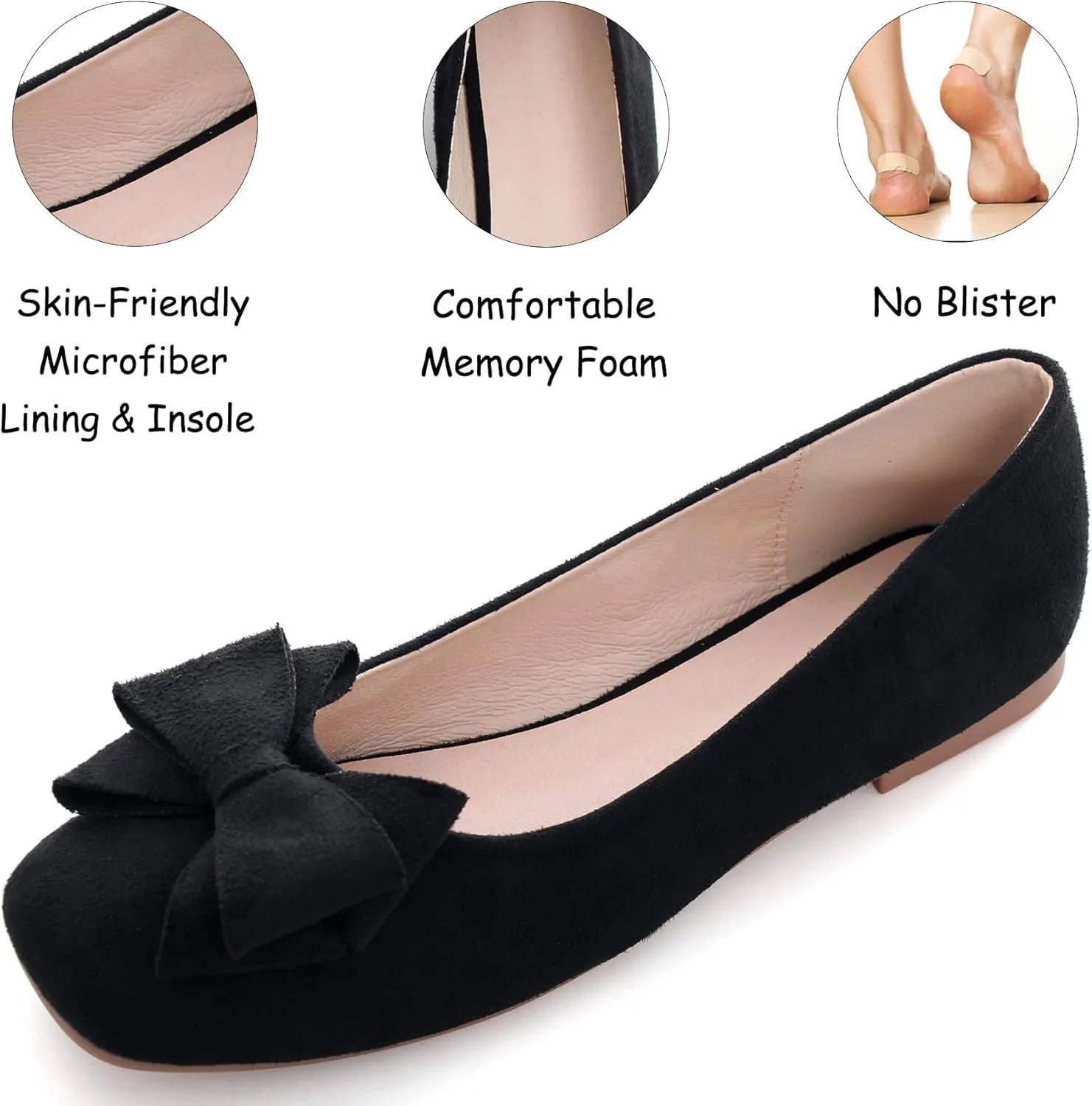 WENJIAZHIZHI Women's Square Toe Bowknot Ballet Flats Comfortable Slip-On Casual Loafers Walking Flat Dress Shoes