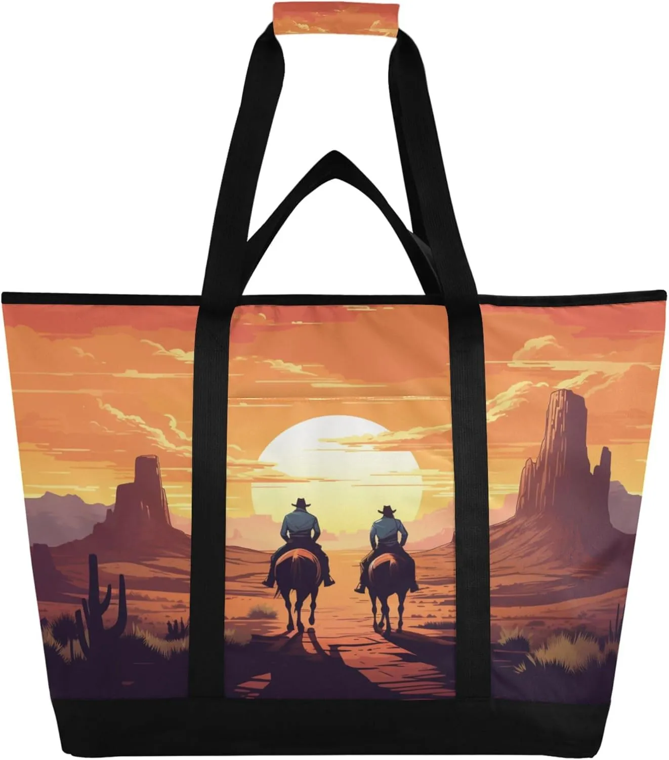 Western Cowboy Reusable Insulated Cooler Bag with Ice Pack Compartment - Large 47L Waterproof Thermal Grocery Tote for Picnic Beach Camping Lunch Storage