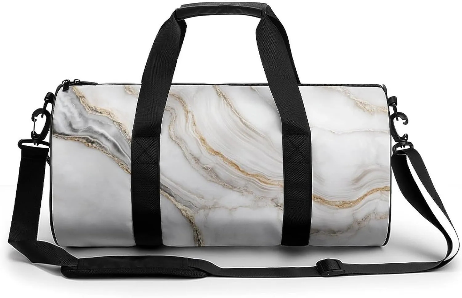 White Gold Marble Texture Travel Gym Bag for Women Men Cylindrical Duffle Bag Sport Workout Bag with Shoulder Strap