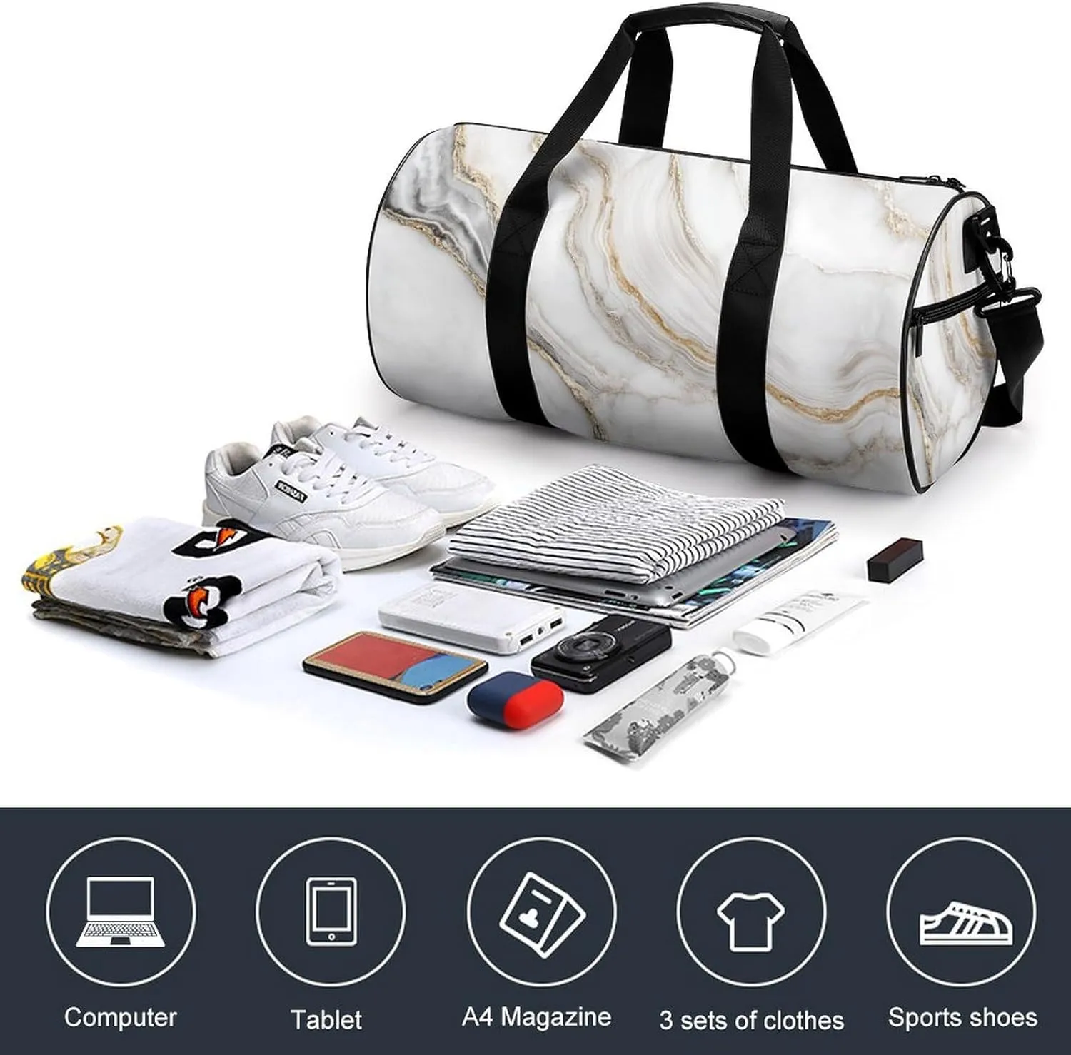 White Gold Marble Texture Travel Gym Bag for Women Men Cylindrical Duffle Bag Sport Workout Bag with Shoulder Strap