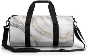 White Gold Marble Texture Travel Gym Bag for Women Men Cylindrical Duffle Bag Sport Workout Bag with Shoulder Strap