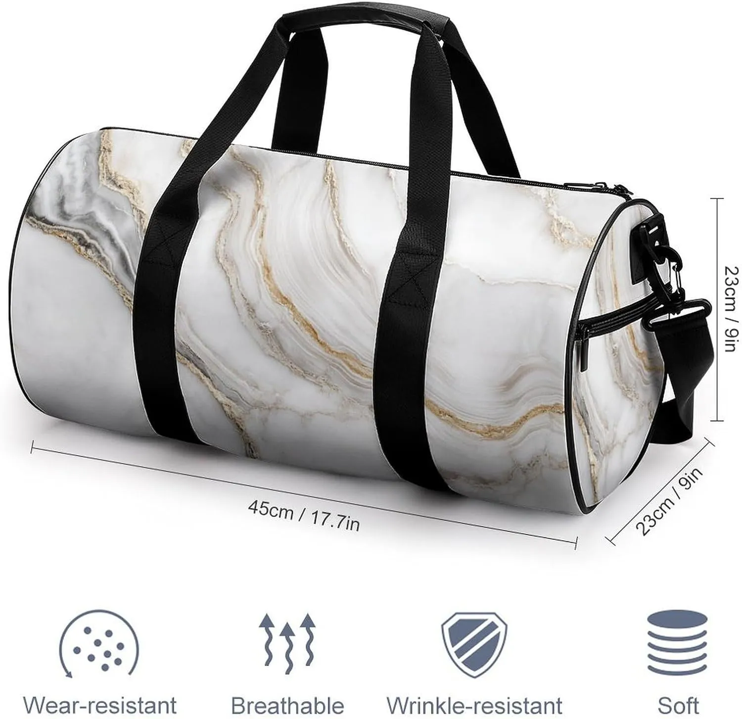 White Gold Marble Texture Travel Gym Bag for Women Men Cylindrical Duffle Bag Sport Workout Bag with Shoulder Strap