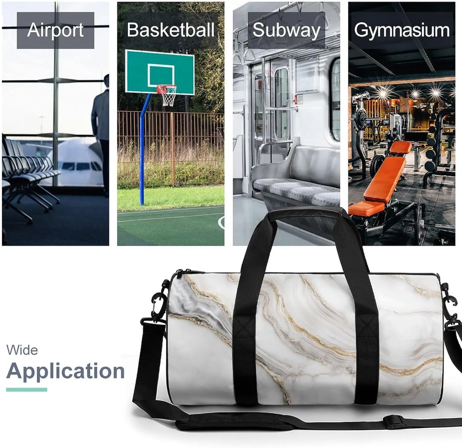 White Gold Marble Texture Travel Gym Bag for Women Men Cylindrical Duffle Bag Sport Workout Bag with Shoulder Strap