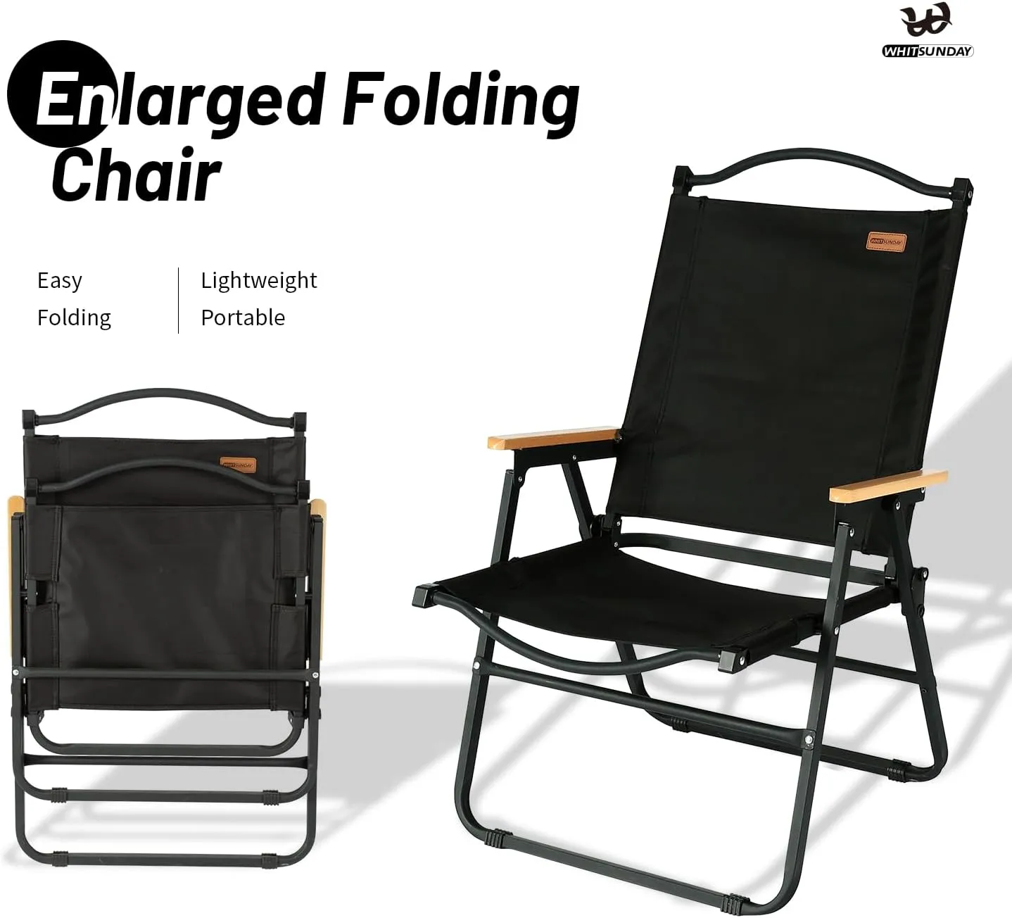 Whitsunday Camping Chairs Foldable Portable Chair Beach Chair Wood Armrest Metal Frame Travel Chair for Outdoor Camping Picnic Black 2Pcs