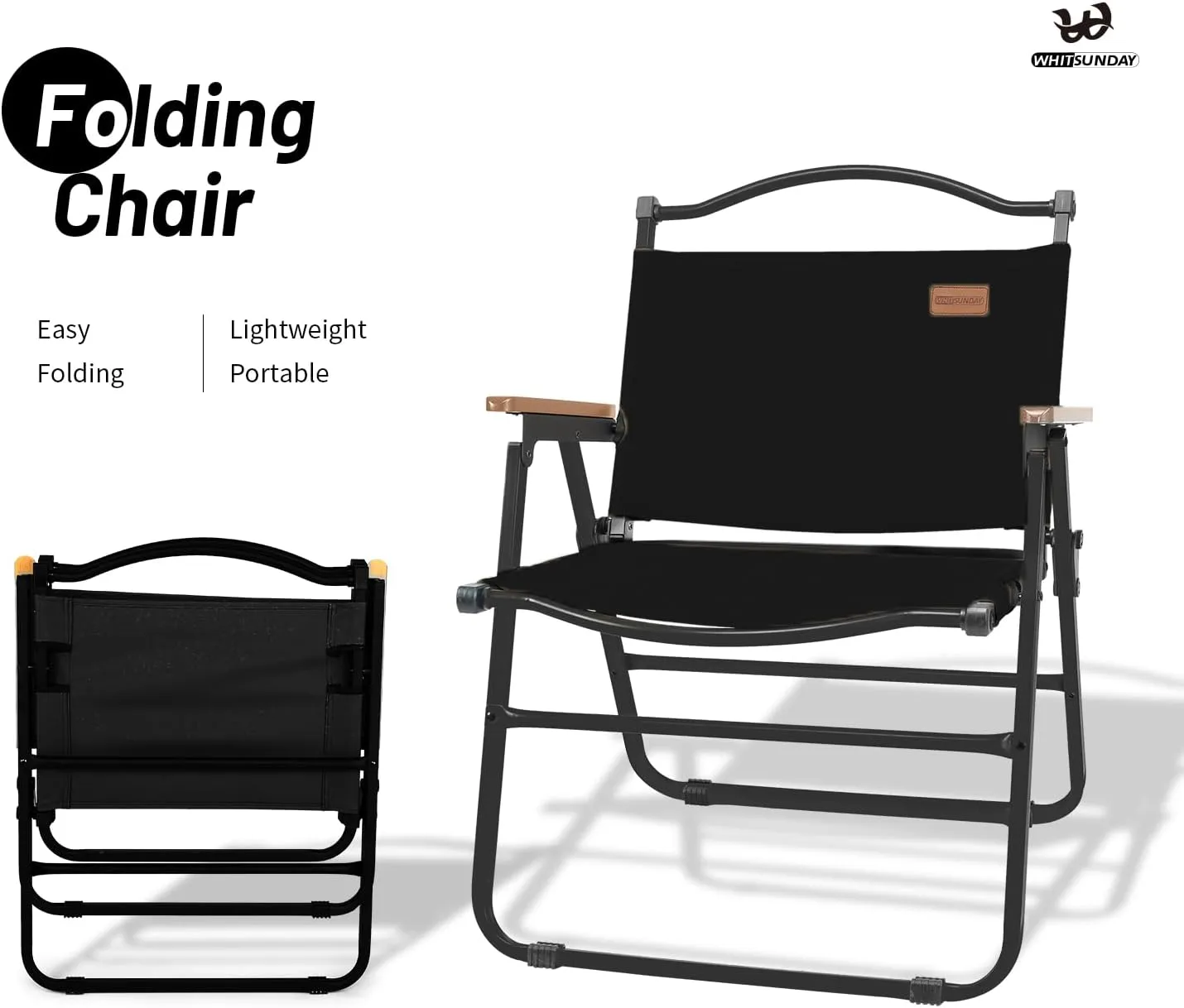 Whitsunday Camping Chairs Foldable Portable Chair Beach Chair Wood Armrest Metal Frame Travel Chair for Outdoor Camping Picnic Black 2Pcs
