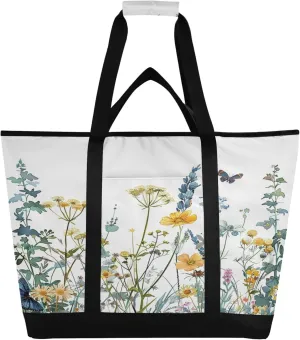 Wildflowers Reusable Insulated Cooler Bag with Ice Pack Compartment - Large 155L Waterproof Thermal Grocery Tote for Picnic Beach Camping Lunch Storage