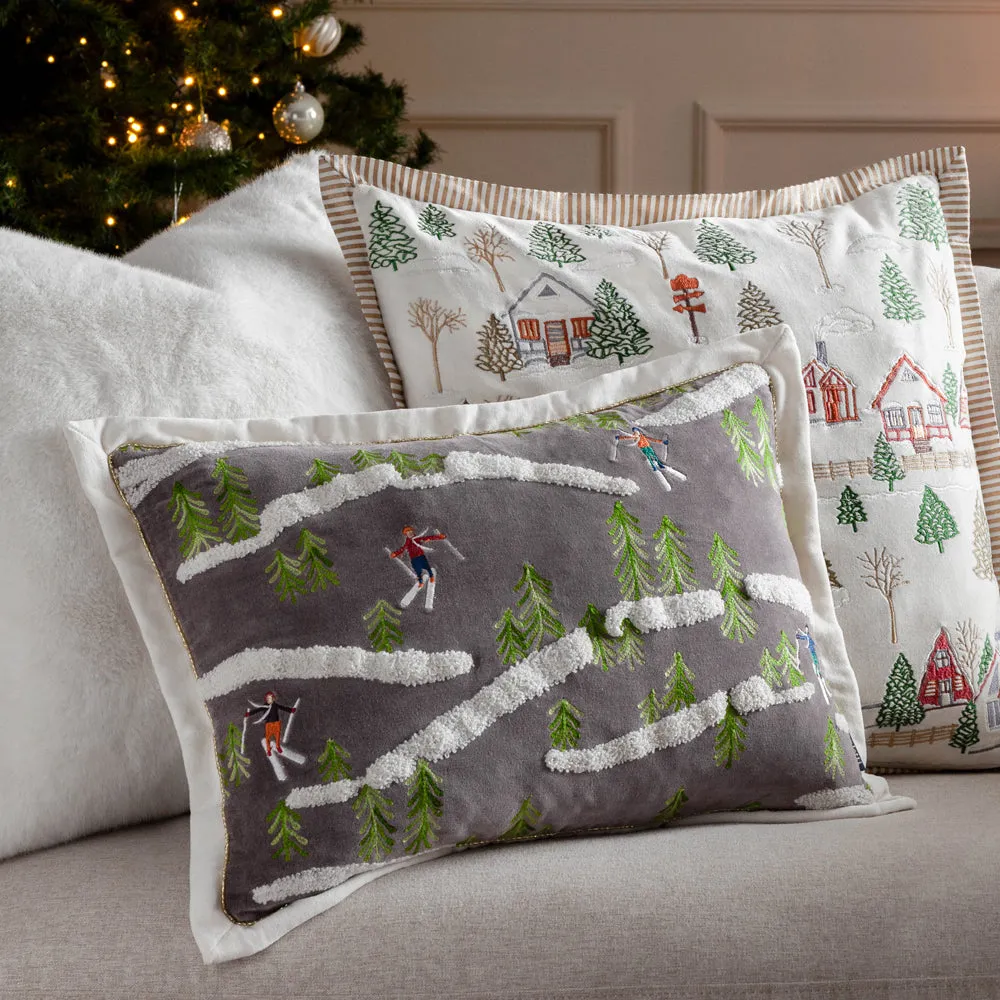 Winter Alpine Embroidered Cushion Taupe