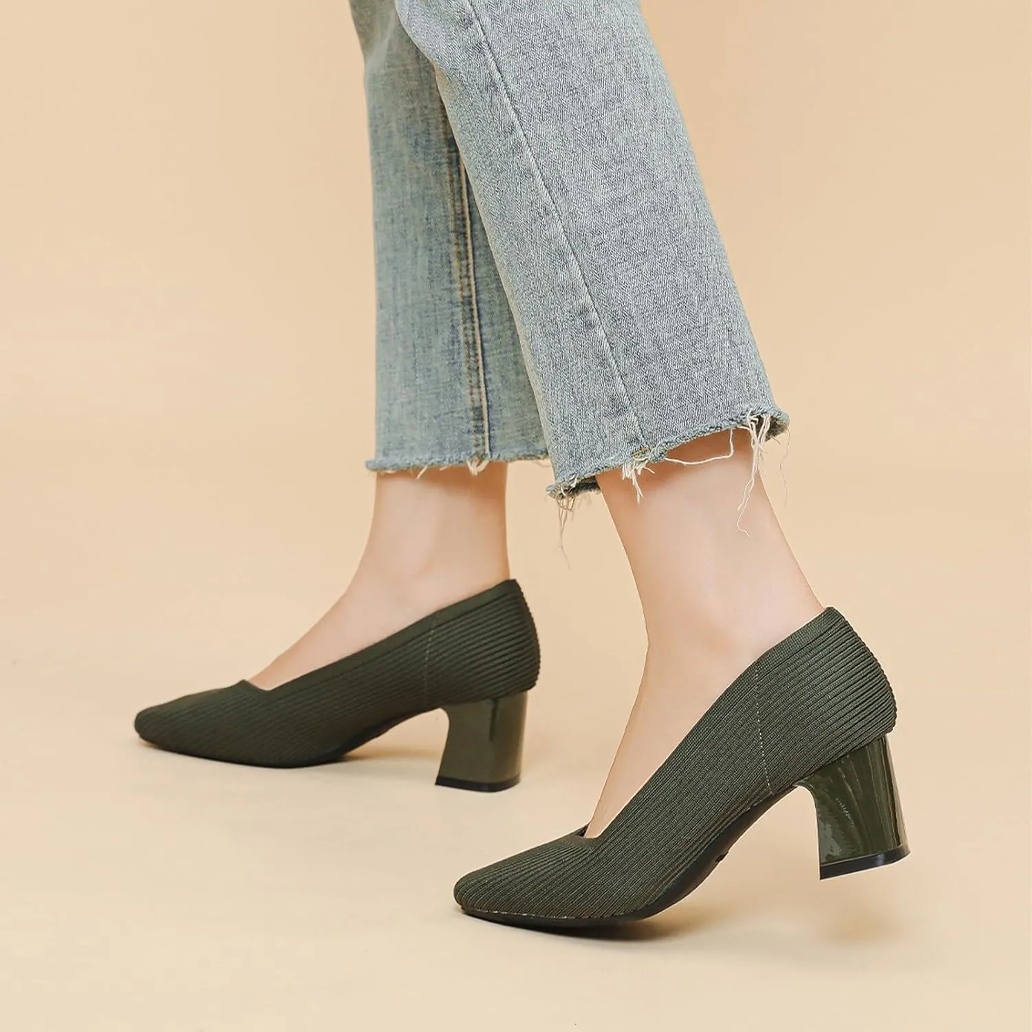 Women Pumps Block Heels Square Toe Knitted Comfortable Heel for Women Slip On Work Shoes for Woman Dress Classic Shoes Walk Office