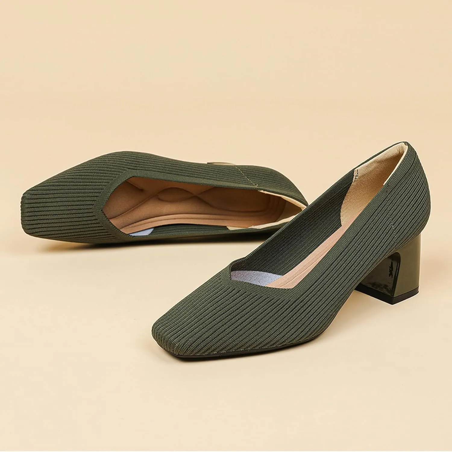 Women Pumps Block Heels Square Toe Knitted Comfortable Heel for Women Slip On Work Shoes for Woman Dress Classic Shoes Walk Office