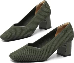 Women Pumps Block Heels Square Toe Knitted Comfortable Heel for Women Slip On Work Shoes for Woman Dress Classic Shoes Walk Office