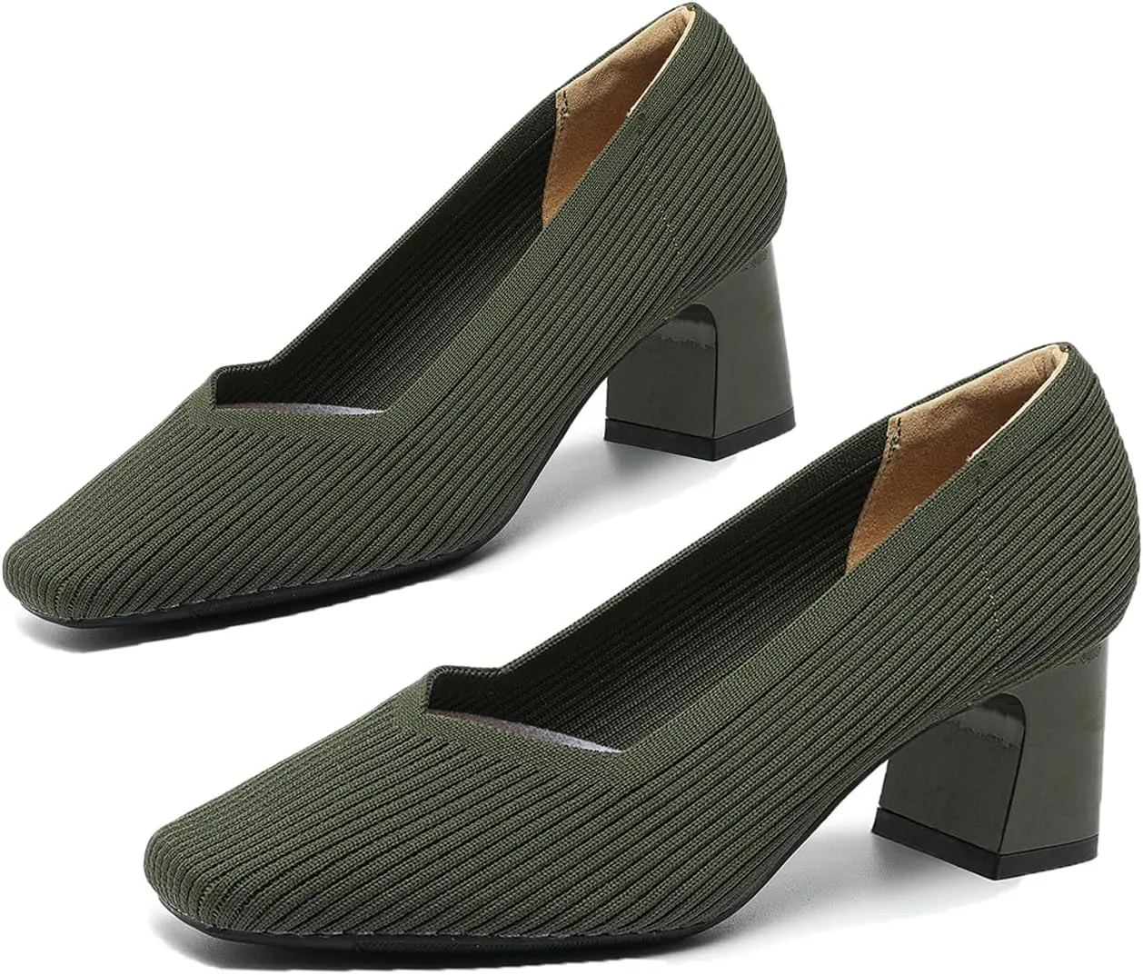 Women Pumps Block Heels Square Toe Knitted Comfortable Heel for Women Slip On Work Shoes for Woman Dress Classic Shoes Walk Office