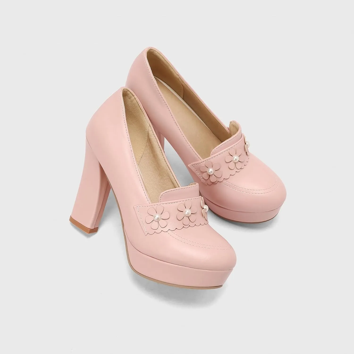 Women's Chunky High Heel Oxford Pumps Round Toe Fashion Flower Slip on Dress Office Platform Shoes