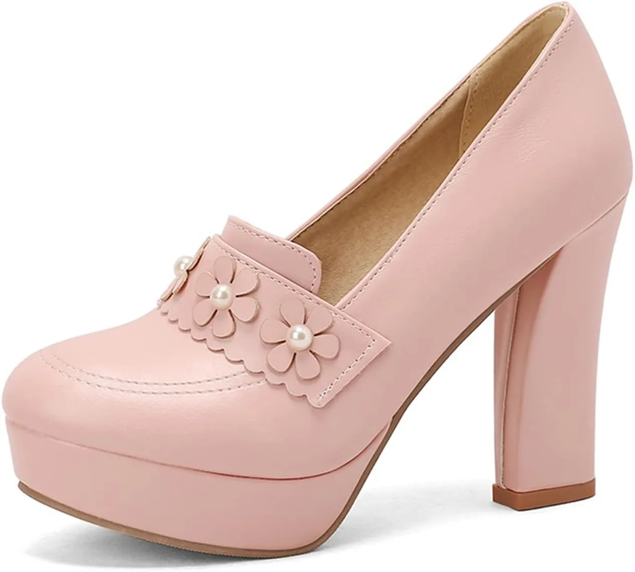 Women's Chunky High Heel Oxford Pumps Round Toe Fashion Flower Slip on Dress Office Platform Shoes