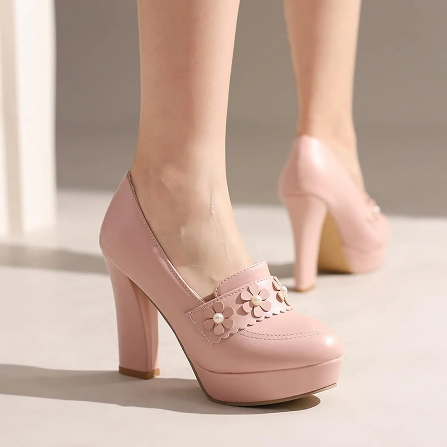 Women's Chunky High Heel Oxford Pumps Round Toe Fashion Flower Slip on Dress Office Platform Shoes