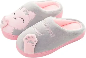 Womens Cute Cat Animal Plush Slip On Winter Warm Bedroom Shoes Memory Foam House Slippers Non Slip Sole